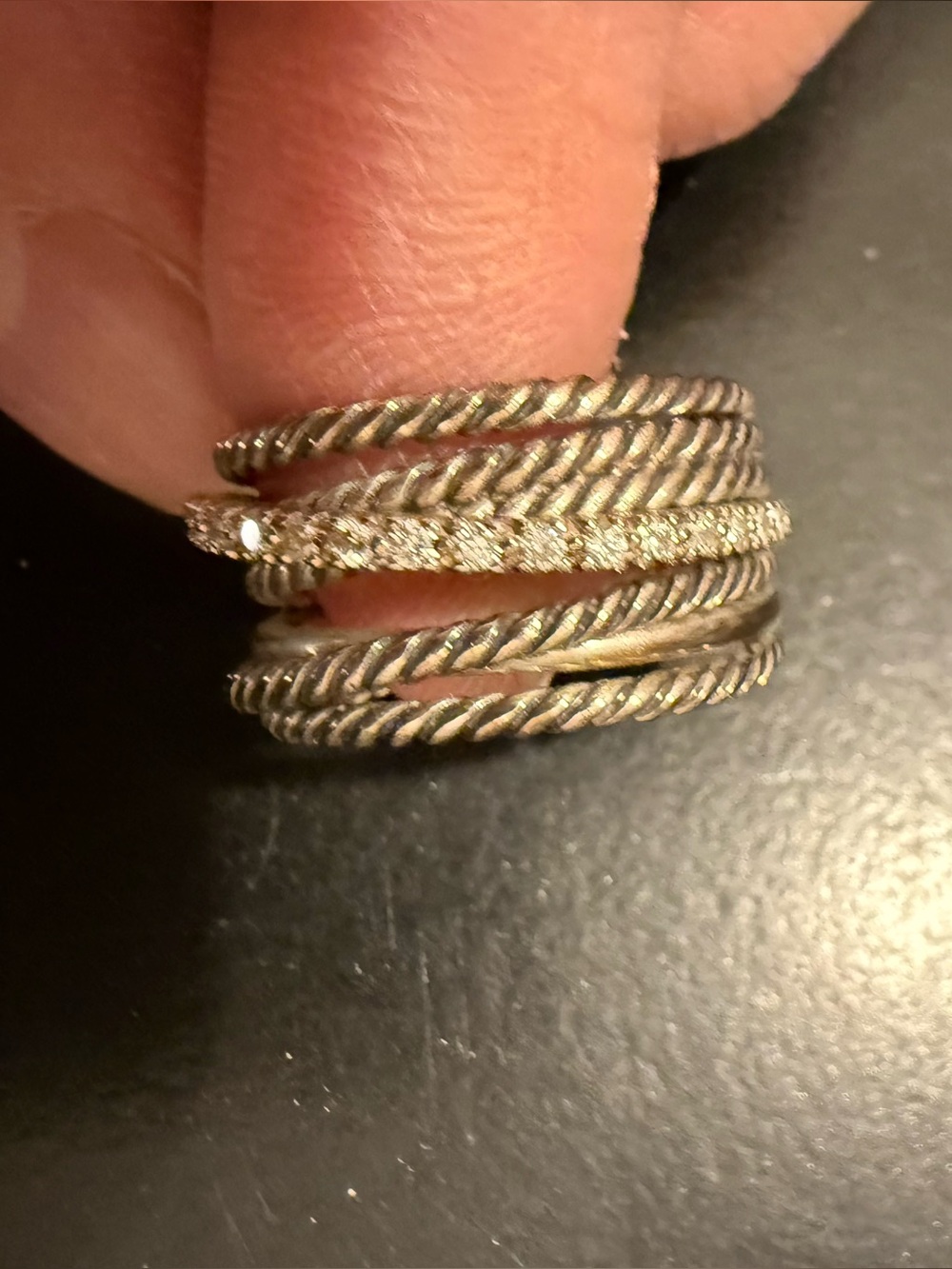 David Yurman Twisted Cable Multi-Band Ring with Pave Band in Silver. Size 7.5